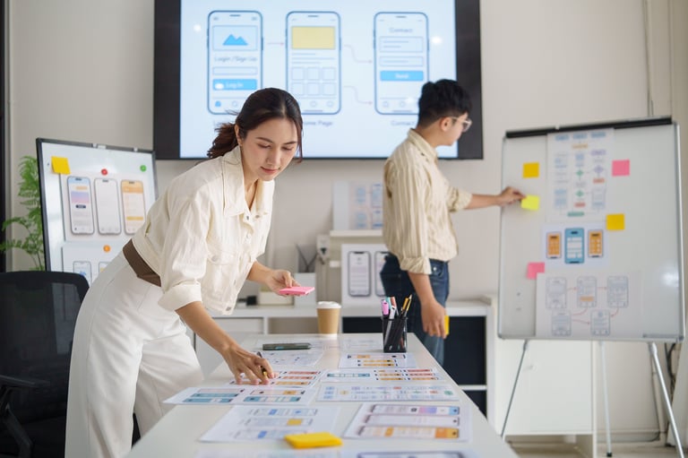 UX designer writing notes while planning mobile app interface